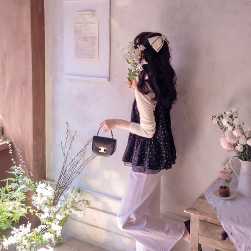 Genus Flower See-through Color Block Adjustable Back Ribbon Bustier [size:F(55~66)] 