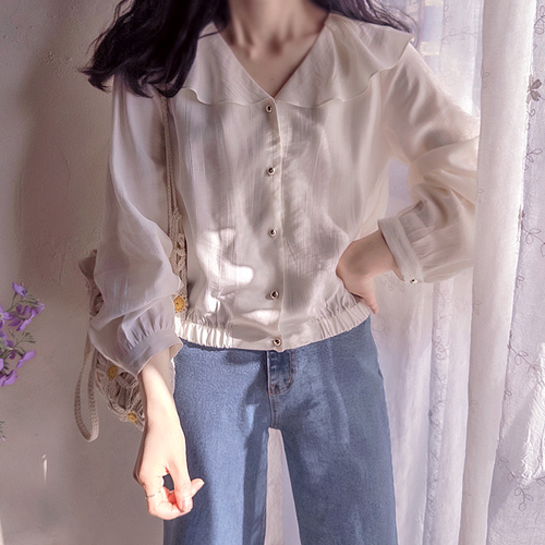 [Best Deal 6,000 KRW Discount] <FONT color=#5a3954>MADE LIN</font> Poeji Freel Banding Blouse [size:F(55~66),1(77)]