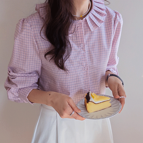 Rosella Pleated Ruffle Collar Voluminous Sleeve Check Pintuck Blouse [size:F(55~66)]