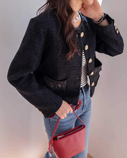 [Classic Mood/Wedding Guest Look] Melochal Frill Neck Spring Tweed Gold Button Jacket [size:M,L]