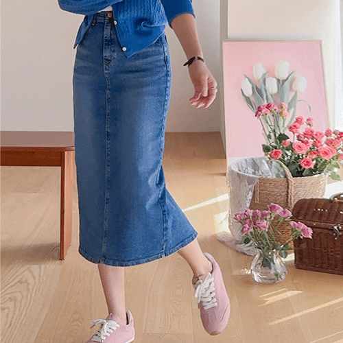 [Full Elastic Waist] Brandi Delicate Blue H-line Slit Denim Skirt [size:S,M,L,XL]