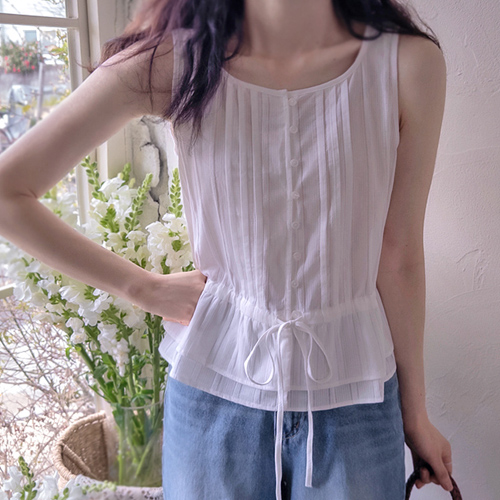 Road Pintuck Pure Stripe Pattern Adjustable Waist Lovely Sleeveless Top [size:F(55~66)]