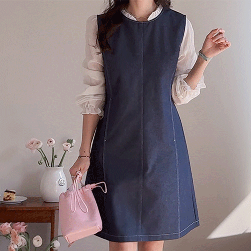 [New Arrival Special 5,000 Won Discount] <FONT color=#5a3954>MADE LIN</font> ONADE stitch pocket Denim One Piece [size:F(55~66)]