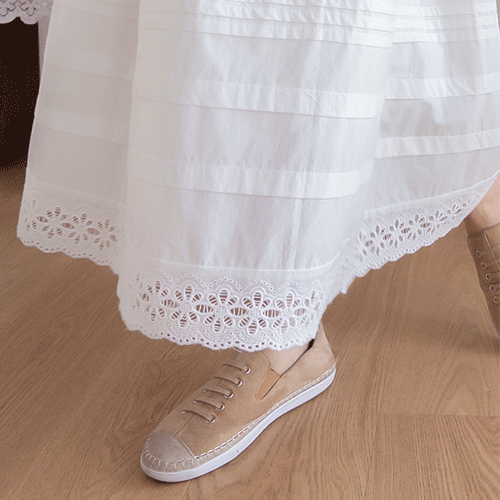 [LABEL] Leila Shirring Detail Lace Hem Hair Band Long Skirt [size:F(55~66.5)]