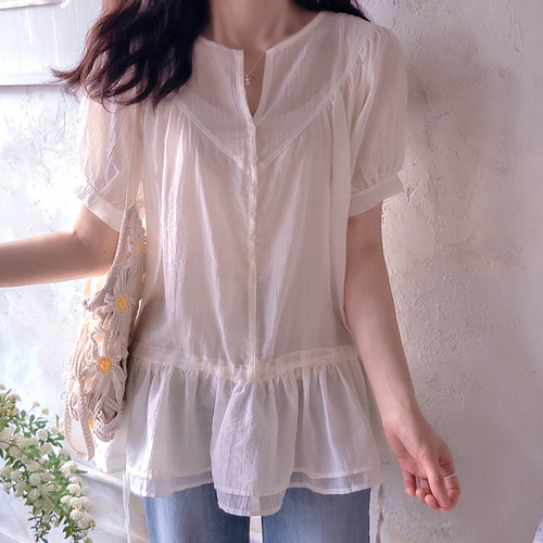 Claven Adjustable Waistband Delicate Sheer Long Blouse [size:F(55~66)]
