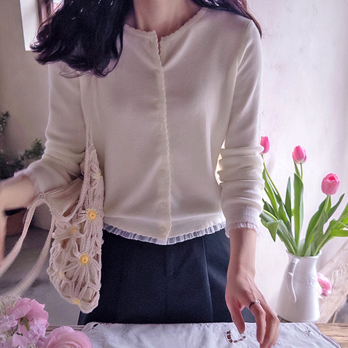 Shucondia Lace Color Block Wavy Point Soft Stretch Cardigan [size:F(55~66)]