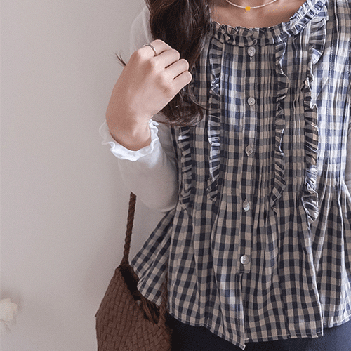 Quri Pintuck Frill Gingham Check Sleeveless Shirts Blouse [size:F(55~66.5)]