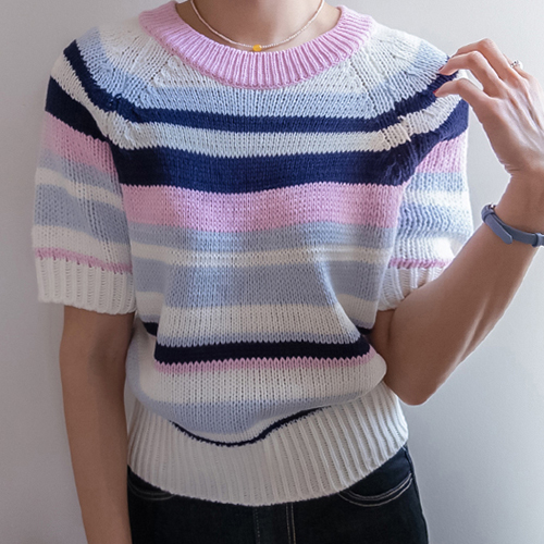 Diani Multi Pastel Stripe Patterns Short Sleeve Knit [size:F(55~66)]