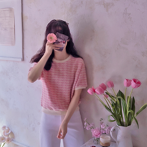 [New Arrival Special 7,000 KRW Discount] <FONT color=#5a3954>MADE LIN</font> Rosell Flexible Tweed-like Short T-shirts [size:F(55~66)]