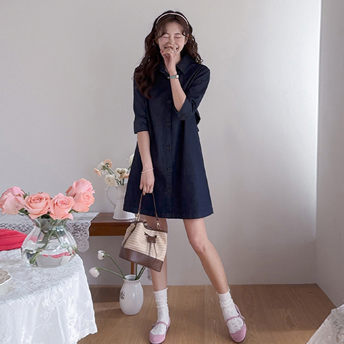 [New Arrival Special 10,000 Won Discount] <FONT color=#5a3954>MADE LIN</font> Haidian Bijo Denim One Piece [size:F(55~66)]
