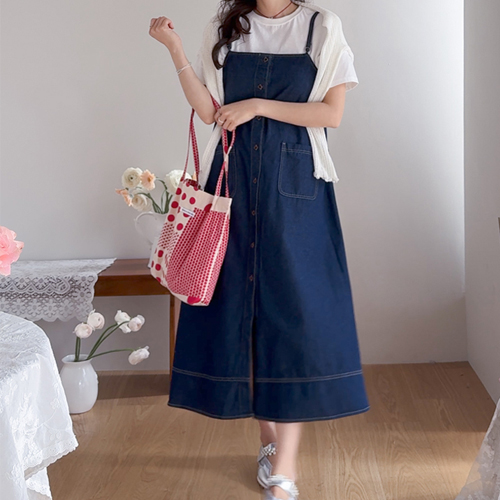 [Adjustable Shoulder Straps] Linet Stitch Detail Front Button Aline Long One Piece [size:F(55~66)]