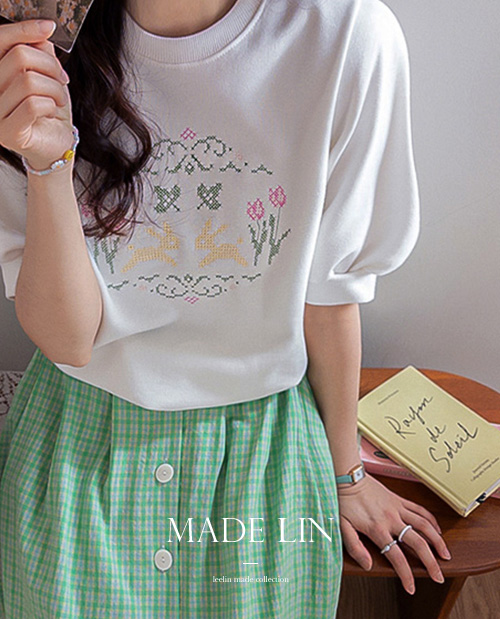 [Pre-try 15% Off] MADE LIN Weasel Rabbit Shirred Short Sleeve Man to man [size: F (55~66)]