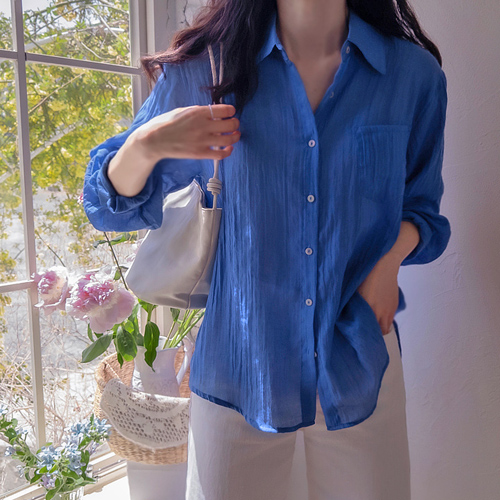 Sky Summer Back Button Asa Cotton & Linen Delicate Fit Flexible Shirt [size: M(55~66), L(77)]