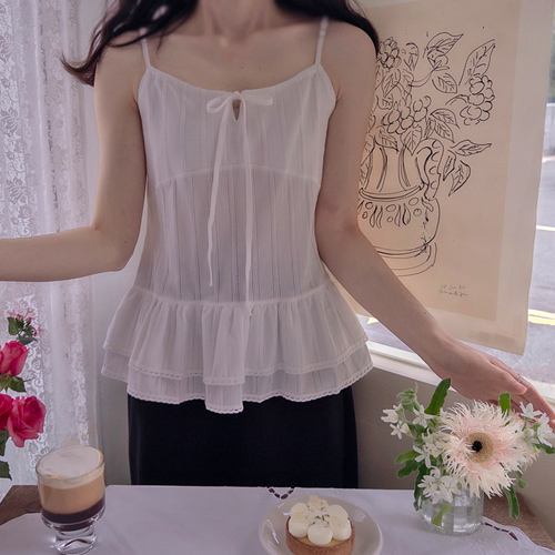 Jessie Ribbon Pure Stripe Pattern Bottom Shirring Adjustable Strap Sleeveless Top [size:F(55~66)]