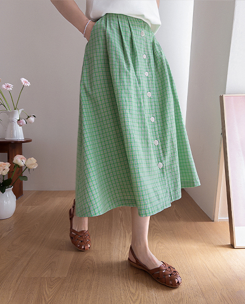 [Color Master/Statement Look] Sorbet Aline Front Button Check Back Elastic Long Skirt [size:F(55~66)]