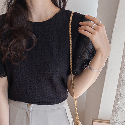 [Cheese Spandex][LABEL] Malena Romantic Embossed Fabric Lace Sleeve Blouse T-shirt [size:F,1]