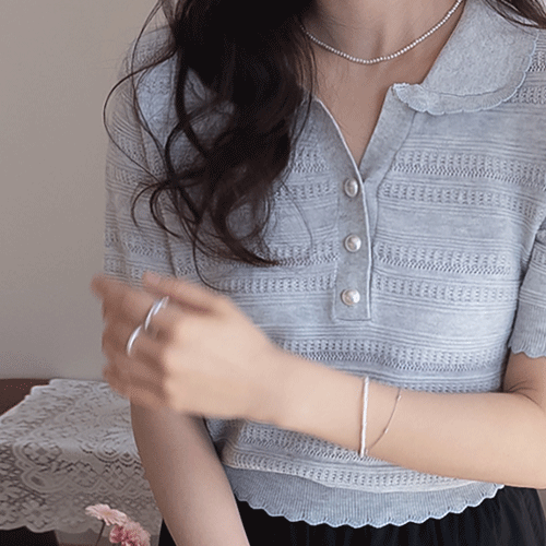Serie Pearl Button Wavy Hem Color Block Lovely Short Sleeve Knit [size:F(55~66)]