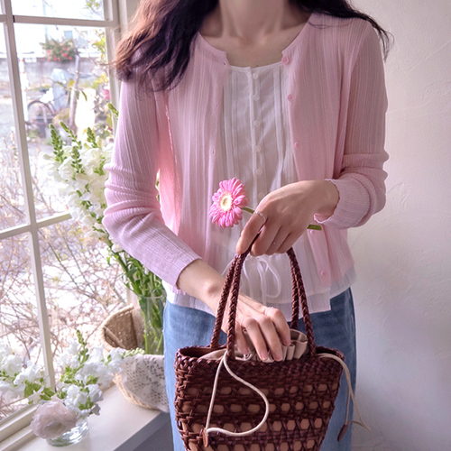 [LABEL] Stephanie Viscose Pastel Ribbed Pattern Slim Fit Cardigan [size:F(55~66)]
