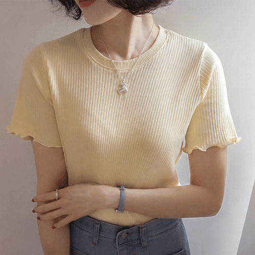 Laska Gentle Height Corrugated Slim Silhouette Wavy Hem T-shirt [size:F(55~66)]