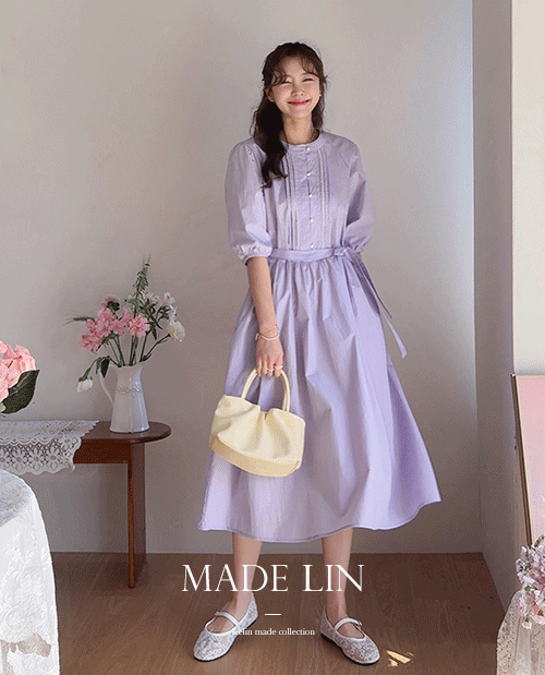 [D-5 First-Come First-Served Limited Quantity 15% Off] <FONT color=#5a3954>MADE LIN</font> Pliena Pearl Pintuck Shirring One Piece [size:F(55~66)]