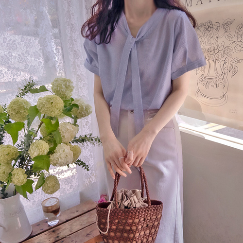 Sophisticated Tie Sleeve Detail Seersucker Luxury Blouse [size:F(55~66)]