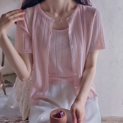 Subtle Ribbed Pattern Delicate Fit Cool Sleeveless & Cardigan Set [size: F (55~66)]