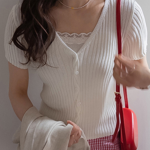 Meina Front Zigzag Button Slim Corrugated Knit Short Sleeve Cardigan [size:F(55~66)]