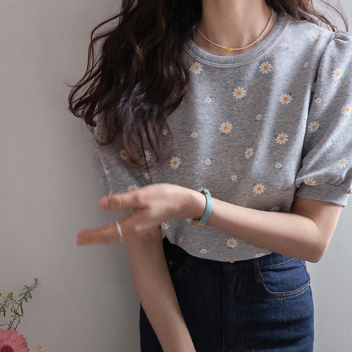 Levine Lovely Flower Embroidery Short-sleeve Puff Man to man [size:F(55~66)]