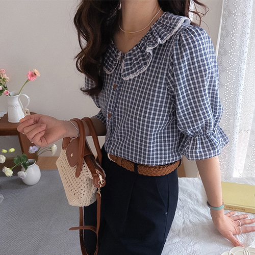 Mona Lovely Fine Check Puff Blouse [size:F(55~66)]
