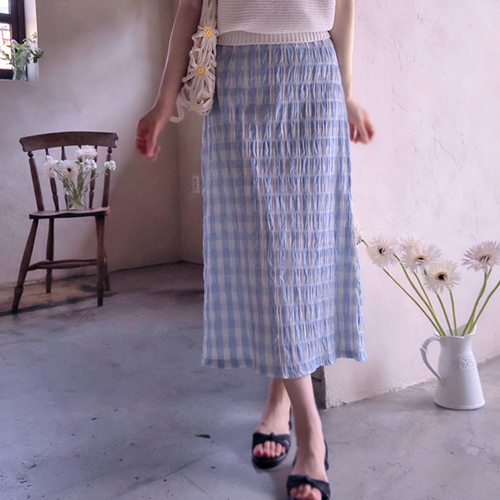 The Wrinkle Check Seersucker Waist Skirt [size:F(55~66)] 