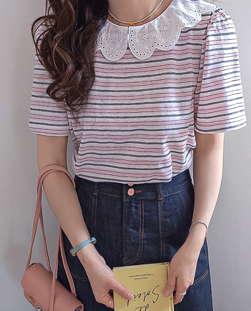 O'Nelly Lace Collar Stripe Puff T-shirt [size:F(55~66)]