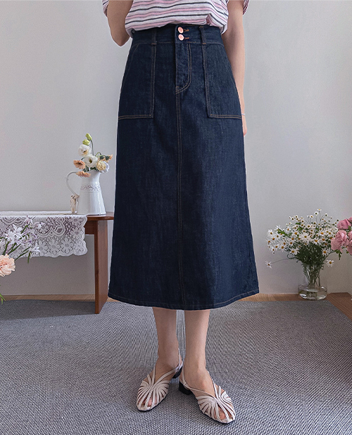 [Summer Version][No Color Transfer Concerns][LABEL] Ricotta Aline Back Elastic Non-Fade Denim Two-Button Rong Skirt [size:S,M,L,XL]