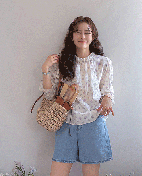 [D-5 First-Come First-Served Limited Quantity 15% Off] MADE LIN COET Purple Flower Neck Shirring Blouse [Size: F (55~66.5)]