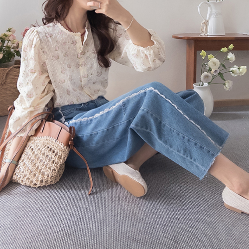 [Body Shape Cover/Comfortable Elastic Waist] Shubi Lace-Point Wide Denim Pants [size:S,M,L]