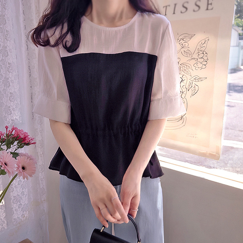Cool Color Block Waist Drawstring Delicate Fit Summer Blouse [size:F(55~66)]