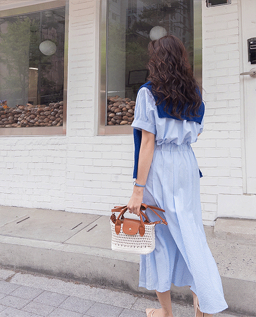 [Outing Look/Voluminous Skirt] Teenie Shirt Collar Pocket Hair Band Turn-up Sleeves Stripe Long One Piece [size:F(55~66)]