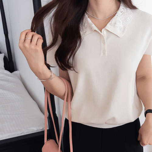 [Delicate Fit] Plia Lace Collar Cap Sleeve T-shirt [size:F(55~66)]