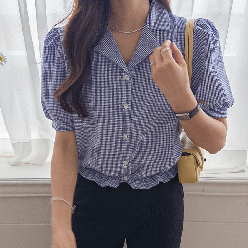 [LABEL] Lovely Bonbon Sleeve Elastic Waist Frill Check Blouse [size:F(55~66)]