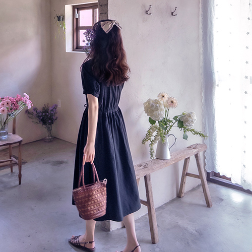 [New Arrival Special 15% Off] <FONT color=#5a3954>MADE LIN</font> Delicate Check Neck Shirring Adjustable Waist Tie Lovely Subtle Check One Piece [size:F(55~66),L(77)]