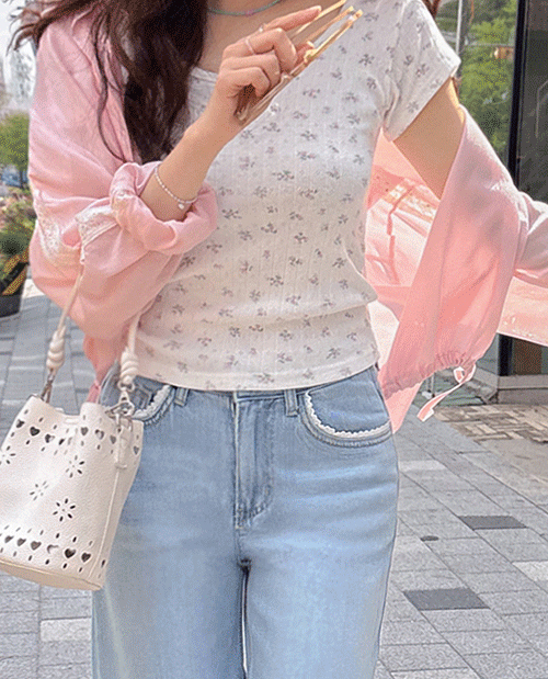 Heydel Vertical Ribbed Flower Raund Neck Short-sleeve T-shirt [size:F(55~66)]