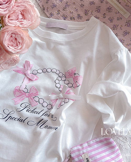 [Ribbon Point] Polyv Pearl Ribbon Print Lovely Cotton T-shirt [size:F(55~66)]