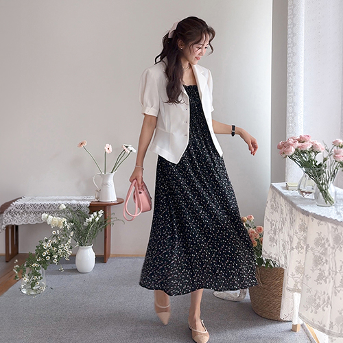 [Adjustable Shoulder Straps] Shudylo Lovely Small Flower Smocking Banded One Piece [size:F(55~66)]