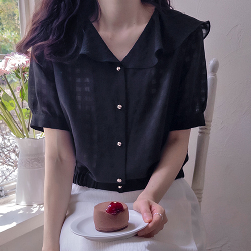 [New Arrival Special 6,000 Won Discount] <FONT color=#5a3954>MADE LIN</font> Petivoo Square See-through Check Frill Banding Blouse [size:F(55~66)]