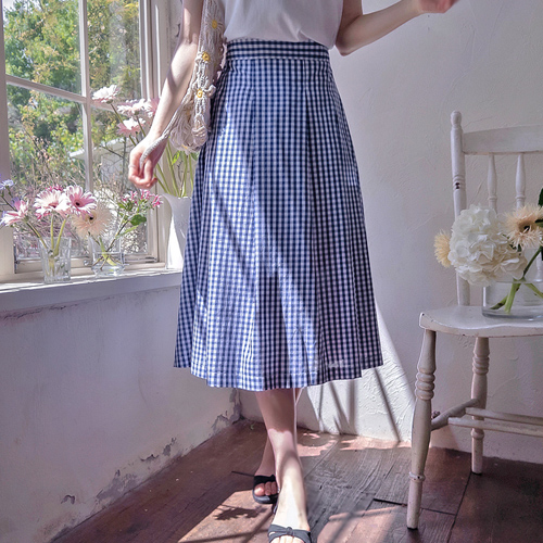 Differ Summer Check Pintuck Pleated Wrinkle-Free Skirt [size:F(55),L(66~77)]