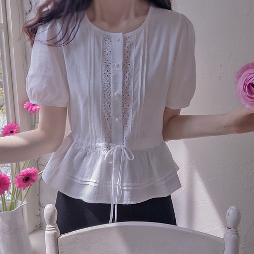Steri Punched Floral Embroidery Waist Tie Cool Blouse [size:F(55~66)]