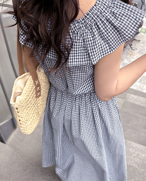 [Adjustable Waist / Two-Way Styling] Freesia Check Frill Sleeve Off-Shoulder Summer Long One-Piece
