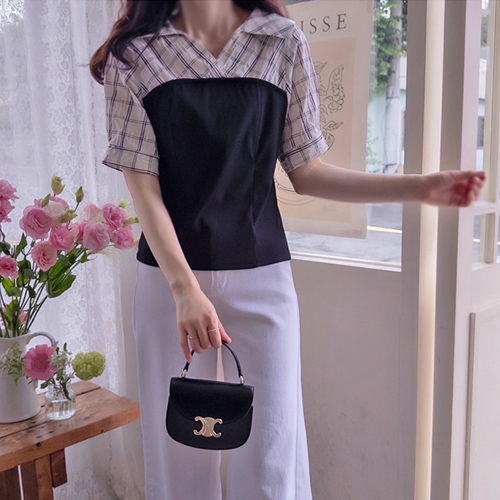 Anna Collar Summer Check Stretch Spandex Ribbed Color Block Blouse [size:F(55~66)]
