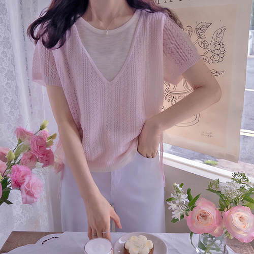 Flandia Side String Summer Punching Layered Knit [size:F(55~66)]