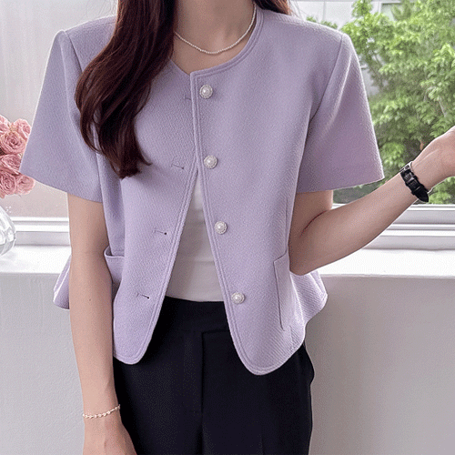 [New Arrival Special 10,000 Won Discount] <FONT color=#5a3954>MADE LIN</font> Roive Round Tweed Pocket Short Sleeve Jacket [size:F(55~66)]