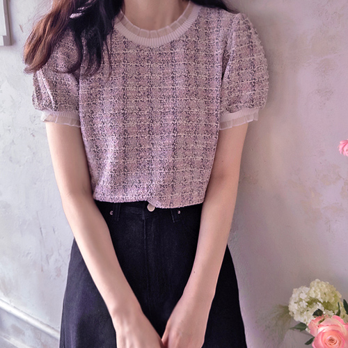 Summer Juliet Soft Spandex Tweed Shirred Color Block Tee [size:F(55~66)]
